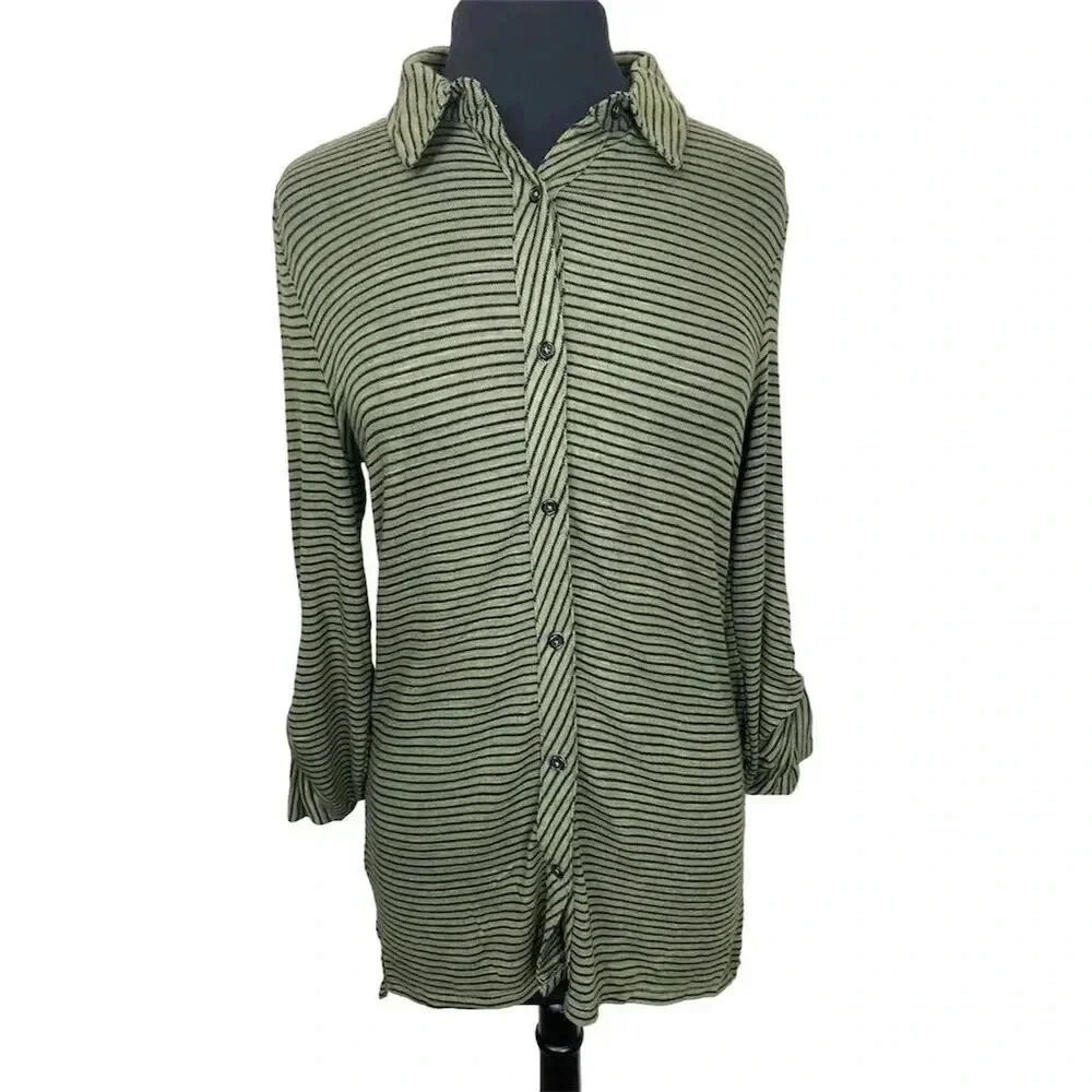Daytrip Green Striped Long Sleeve Collared Blouse M 1924